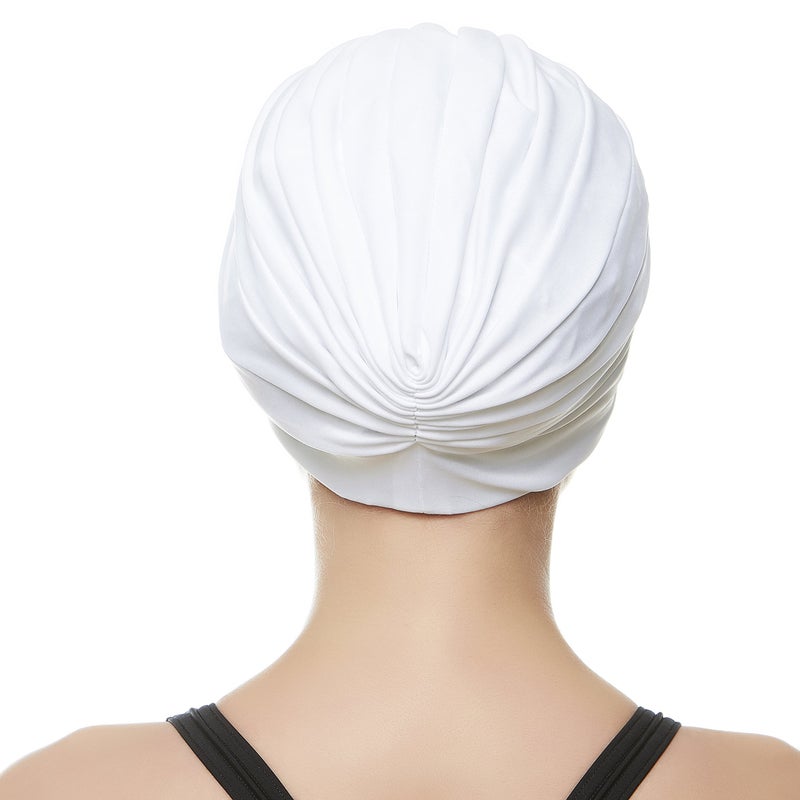 Beemo Swim Caps for Women Swimming Turban Polyester Latex Lined Pleated for Ladies - White - Image 3